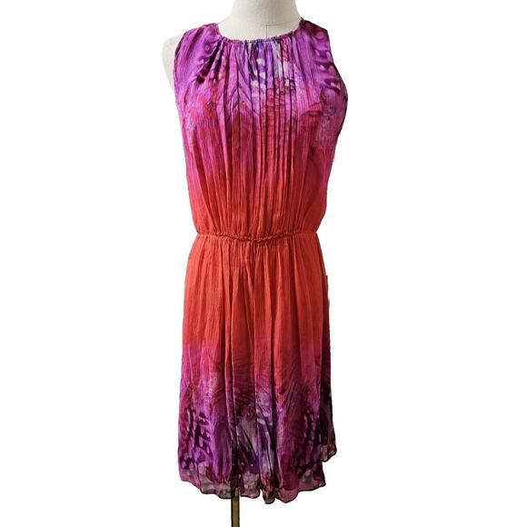 ELIE TAHARI 100% Silk Red Purple Abstract Fit & Flare Midi Dress Flowy Lined 4 - Picture 1 of 4